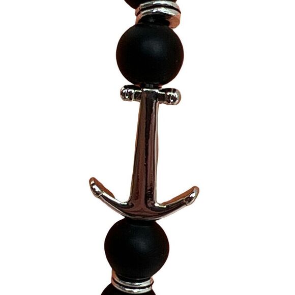 Anchor / Stone Bracelet Black Silver Tone Stretch Unisex Nautical Beach Classic - Picture 2 of 5